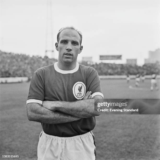 English footballer Ronnie Moran of Liverpool FC during a League Division One match against Chelsea at Stamford Bridge in London, UK, 7th September...