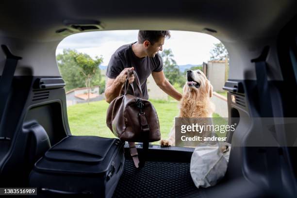 man going on a road trip with his dog - car travel stockfoto's en -beelden