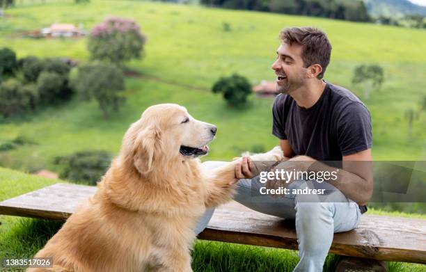 happy man training his dog outdoors - dog trainer stock pictures, royalty-free photos & images