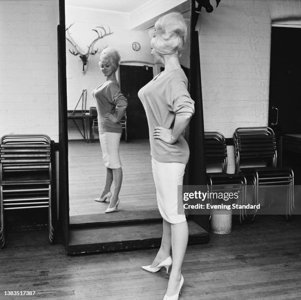 English glamour model and actress Sabrina , born Norma Ann Sykes, in rehearsal for her appearance with Arthur Askey on 'Sunday Night at the...