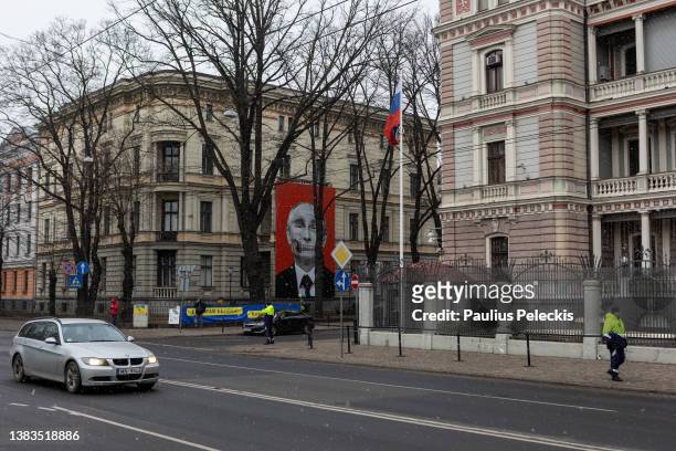 General view of Russian Embassy on March 8, 2022 in Riga, Latvia. As NATO-member, Latvia's border with Russia will receive security support from...