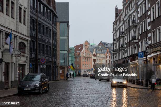 General view of Riga old town streets on March 8, 2022 in Riga, Latvia. As NATO-member, Latvia's border with Russia will receive security support...
