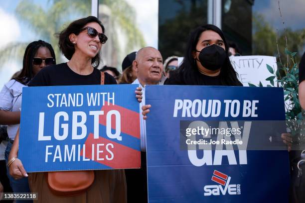 Anasofia Pelaez and Kimberly Blandon protest in front of Florida State Senator Ileana Garcia's office after the passage of the Parental Rights in...