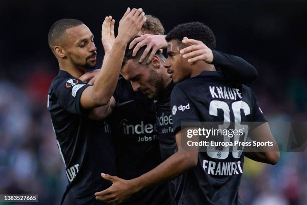 Filip Kostic of Eintracht celebrates a goal with teammates during the UEFA Europa League round of 16 match between Real Betis and Eintracht Francfort...