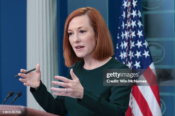 White House press secretary Jen Psaki answers questions during the daily briefing on March 09, 2022 in Washington, DC. Psaki answered a range of...