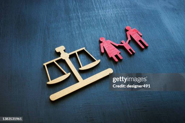 Family law concept. Figures of scales and families for adoption.