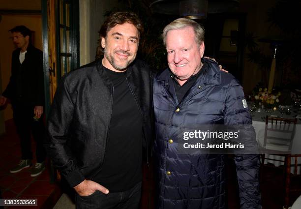 Javier Bardem and Ron Burkle attend a private dinner hosted by Zoe Saldana, Marco Perego and Ron Burkle at Burkle's residence, in celebration of...