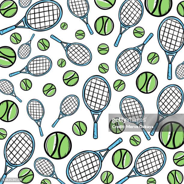 bildbanksillustrationer, clip art samt tecknat material och ikoner med hand drawn tennis racket and ball. seamless pattern - health club