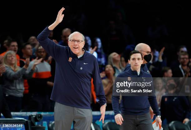 Head coach Jim Boeheim of the Syracuse Orange reacts during the first half against the Florida State Seminoles in the 2022 Men's ACC Basketball...