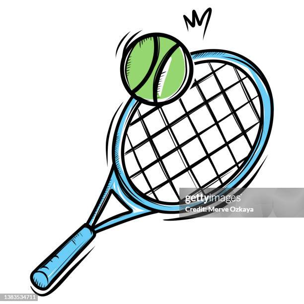 hand drawn tennis racket and ball icon - tennis club stock illustrations