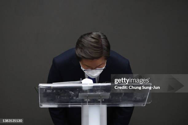 South Korean presidential candidate Lee Jae-myung of the Democratic Party admits defeat in the election at the party's headquarters on March 10, 2022...