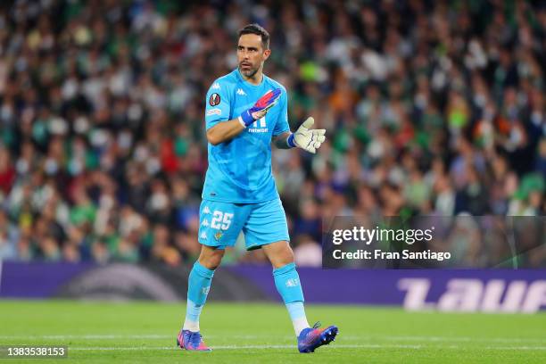 Claudio Bravo of Real Betis reacts during the UEFA Europa League Round of 16 Leg One match between Real Betis and Eintracht Frankfurt at Estadio...