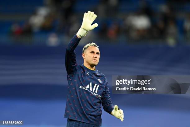 Keylor Navas of Paris Saint-Germain warms up prior to the UEFA Champions League Round Of Sixteen Leg Two match between Real Madrid and Paris...