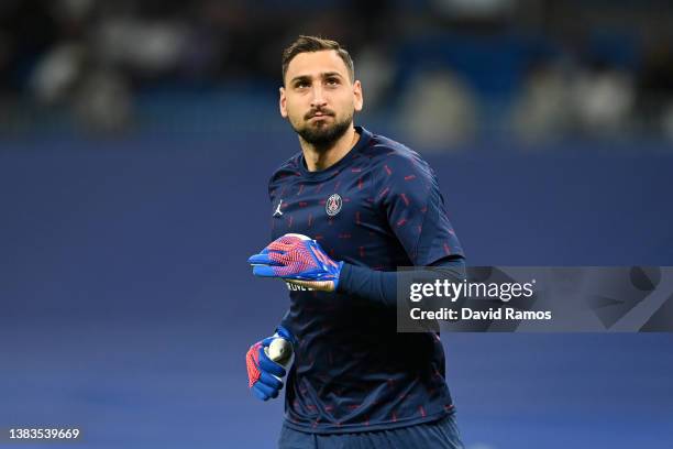 Gianluigi Donnarumma of Paris Saint-Germain warms up prior to the UEFA Champions League Round Of Sixteen Leg Two match between Real Madrid and Paris...