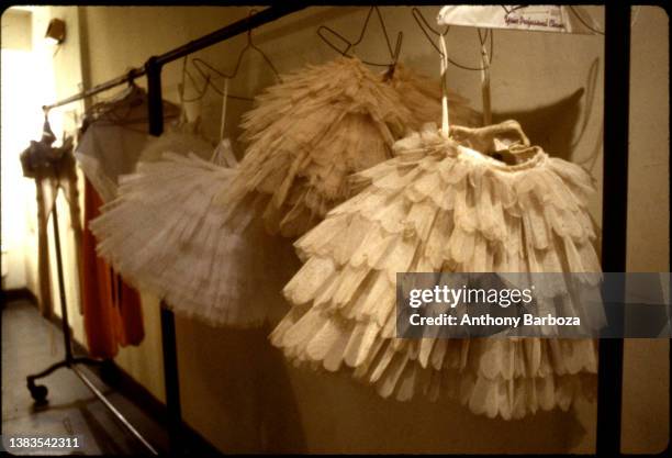 View of Dance Theatre of Harlem tutus and other costumes on a hanger in a hallway, New York, 1983.