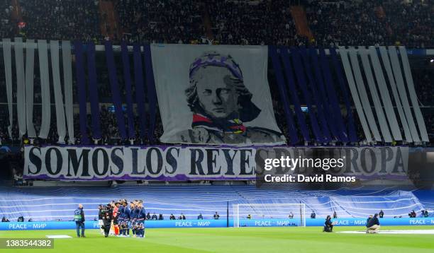 Tifo is displayed in the stands saying 'We are the kings of Europe' in Spanish prior to the UEFA Champions League Round Of Sixteen Leg Two match...