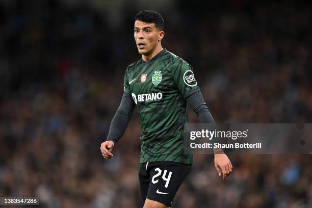 Pedro Porro of Sporting CP looks on during the UEFA Champions League Round Of Sixteen Leg Two match between Manchester City and Sporting CP at City...