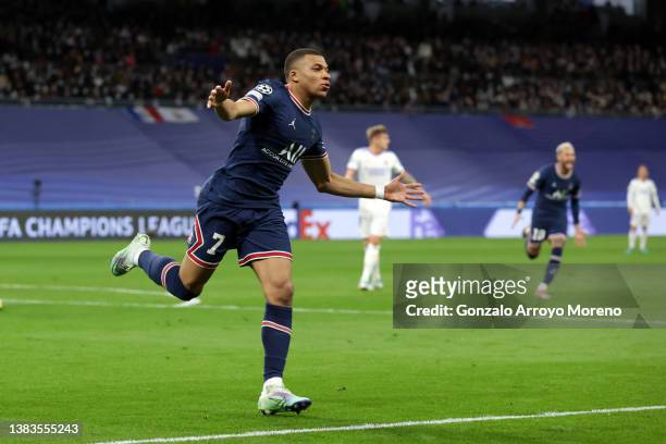 Kylian Mbappe of Paris Saint-Germain celebrates after scoring their team's first goal during the UEFA Champions League Round Of Sixteen Leg Two match...