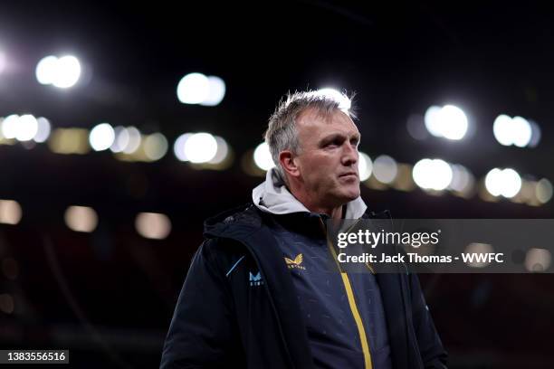 Steve Davis, Head Coach of Wolverhampton Wanderers speaks to the media followingg the FA Youth Cup match between Manchester United and Wolverhampton...