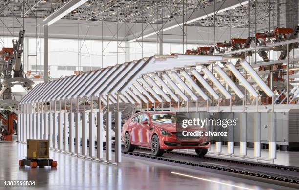 3d-rendering der lacktunnelinspektion im automobilwerk. - fließbandfertigung stock-fotos und bilder