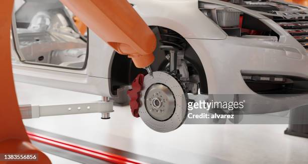 3d rendering of brake assembly on automobile production line in car factory - brake stock pictures, royalty-free photos & images