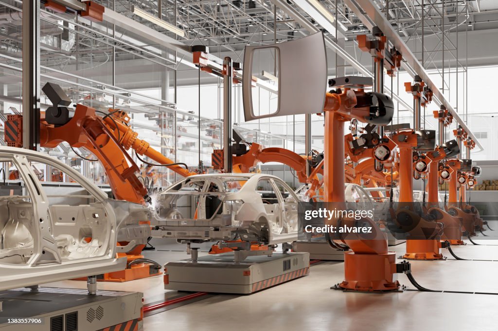 3d rendering of automated car production plant with robots