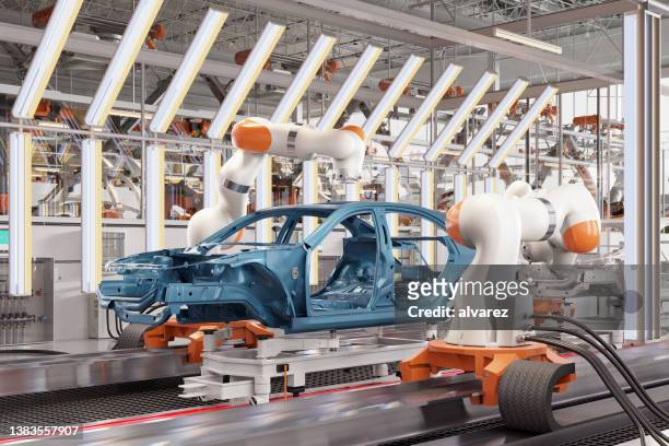 computergeneriertes bild von roboterarmen, die karosserien auf der produktionslinie lackieren - auto industrie stock-fotos und bilder