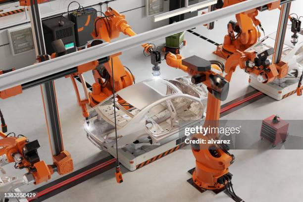 3d rendering of automatic car manufacturing line in an automobile factory - bilindustri bildbanksfoton och bilder