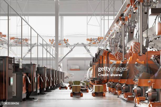 3d automated car manufacturing plant - chassis stockfoto's en -beelden