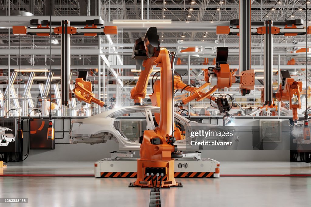 3d render of automatic car production line with robotic arms welding parts