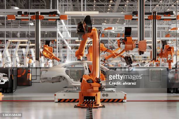 3d render of automatic car production line with robotic arms welding parts - transportation stock pictures, royalty-free photos & images