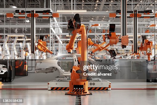 3d render of automatic car production line with robotic arms welding parts 3d render of automatic car production line with robotic arms welding parts
