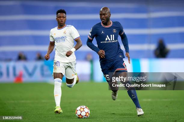 Danilo Pereira of Paris Saint-Germain runs with the ball during the UEFA Champions League Round Of Sixteen Leg Two match between Real Madrid and...