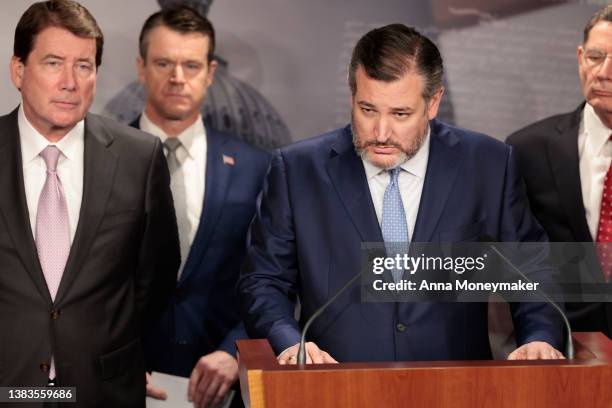 Sen. Ted Cruz speaks at a Senate Republican news conference in the U.S. Capitol Building on March 09, 2022 in Washington, DC. The Republicans held...