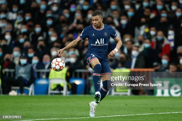 Kylian Mbappe of PSG in action during the UEFA Champions League, round of 16 - second leg, football match played between Real Madrid and Paris Saint...