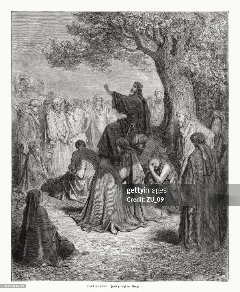 Jesus preaches to the people, wood engraving, published in 1870