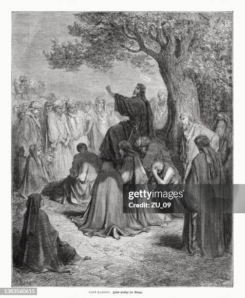 jesus preaches to the people, wood engraving, published in 1870 - gospel stock illustrations