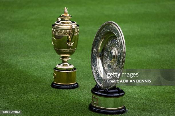 The Gentlemen's Singles Championship and the Ladies' Singles Championship trophies are displayed on the grass of Center Court during an arranging...