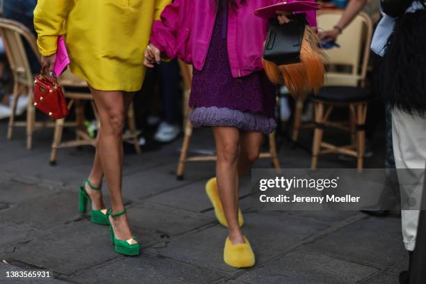 Fashion Week Guest is wearing a yellow jacket, green heels, a mini Valentino redhandbag and an other woman is wearing a pink jacket, a purple dress,...