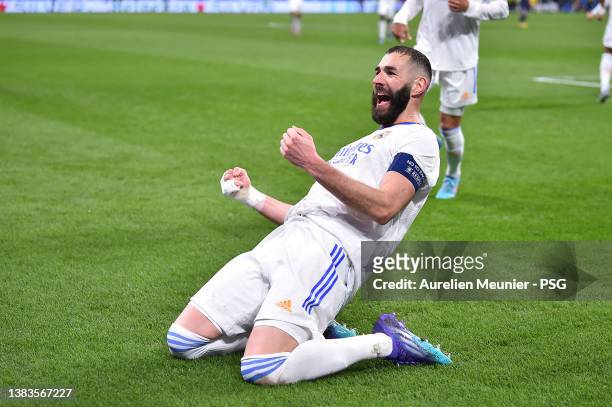 Karim Benzama of Real Madrid reacts after scoring during the UEFA Champions League Round Of Sixteen Leg Two match between Real Madrid and Paris...