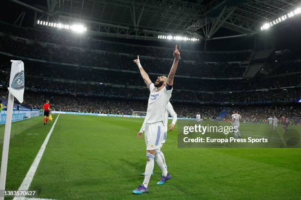 Karim Benzema of Real Madrid celebrates a goal during the UEFA Champions League, round of 16 - second leg, football match played between Real Madrid...