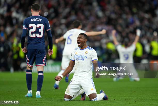 David Alaba of Real Madrid celebrates following the UEFA Champions League Round Of Sixteen Leg Two match between Real Madrid and Paris Saint-Germain...