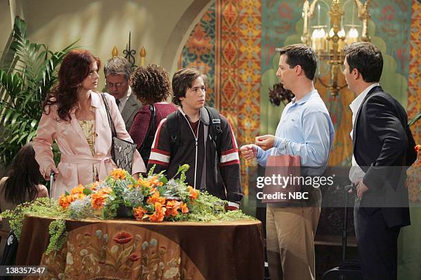 Love L. Gay" Episode 14 -- Pictured: Debra Messing as Grace Adler, Michael Angarano as Elliot, Sean Hayes as Jack McFarland, Eric McCormack as Will...