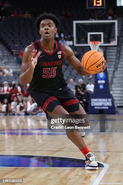 Harrison Ingram of the Stanford Cardinal handles the ball against the Arizona State Sun Devils during the first round of the Pac-12 Conference...