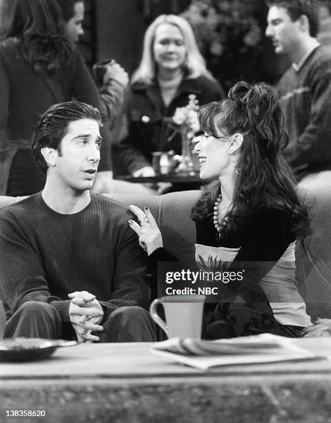 The One with Chandler's Work Laugh" Episode 12 -- Air Date -- Pictured: David Schwimmer as Dr. Ross Geller, Maggie Wheeler as Janice Litman