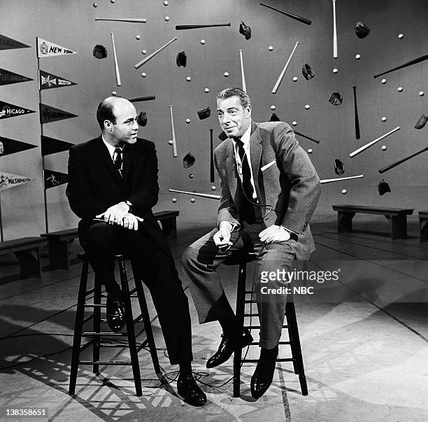 Joe DiMaggio Interview" -- Pictured: NBC Sports' Joe Garagiola, Baseball Hall of Famer Joe DiMaggio during an interview on April 4, 1963