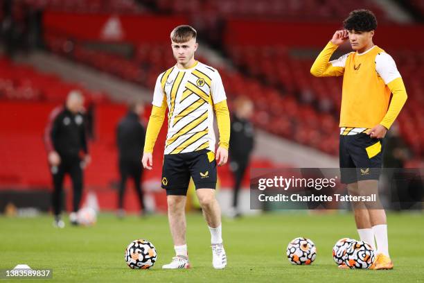Mason Rees of Wolverhampton Wanderers warms up prior to the FA Youth Cup Semi Final match between Manchester United and Wolverhampton Wanderers at...