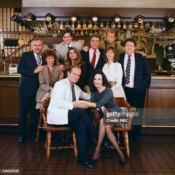 John Ratzenberger as Cliff Clavin, Rhea Perlman as Carla LeBec, Roger Rees as Robin Colcord, Kirstie Alley as Rebecca Howe, Kelsey Grammer as Dr....