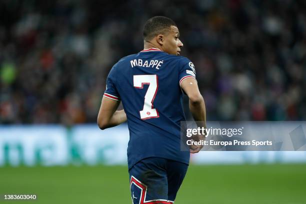 Kylian Mbappe of PSG looks on during the UEFA Champions League, round of 16 - second leg, football match played between Real Madrid and Paris Saint...