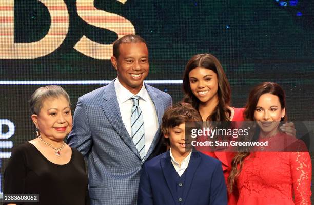 Tiger Woods, mother Kultida Woods , children Sam Alexis Woods and Charlie Axel Woods and Erica Herman pose for a photo prior to his induction at the...